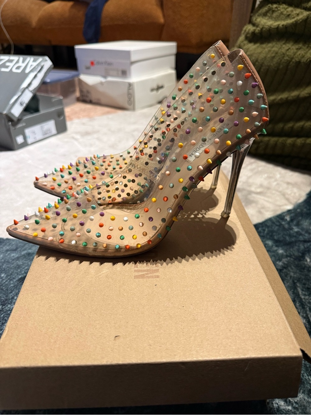 Steve Madden Clear Pointed Stiletto Heels with Multicolor Studs
